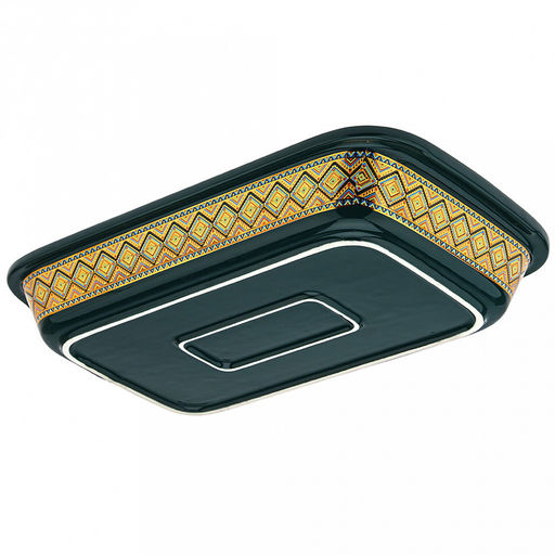 "Мармит Изумруд" Форма для запекания 1,7л, прямоугольная, 34,2х20,5см h5,8см, керамика с деколью, цвет - изумруд, стеклянная крышка с пароотводом, пластмассовая ручка-кнопка "мишка", металическая подставка с ручками, с подогревом на 2 свечи 41х20,3х1