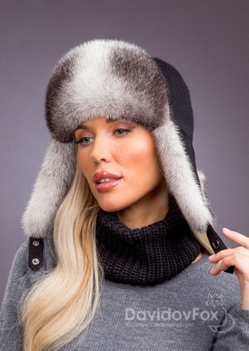 Ушанка норка трикотаж черно-светлая