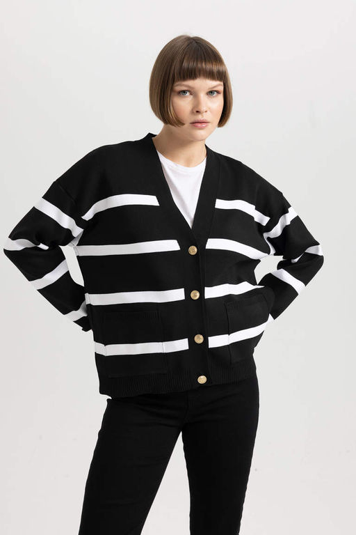 Полосатый кардиган с V-образным вырезом Relax Fit