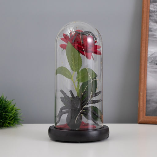 Фигурка светящаяся колба RISALUX «Паук с розой», LED-ночник, 1.5 Вт, 3×AAA, чёрный, USB, 11×11×21 см