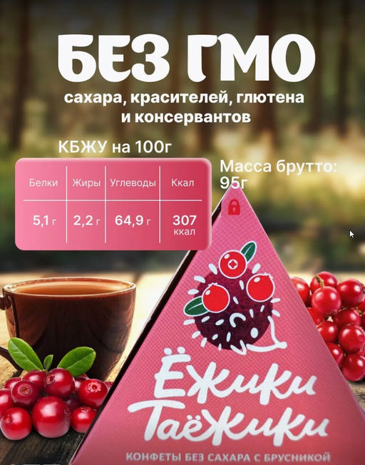 Конфеты натуральные без сахара БРУСНИКА / 95 г / коробка / ТМ Ежики-Таежики