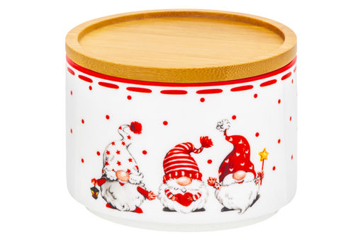 Банка д/хранения 250 мл 9,3*9,3*7 см "Весёлые гномики" + дер. крышка-подставка с крыш. с сил. уплот.