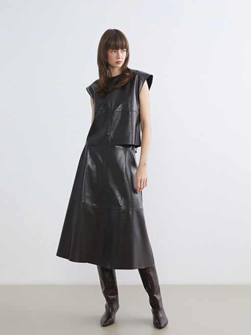 Bisiklet Yaka Deri G?r?n?ml? Bluz