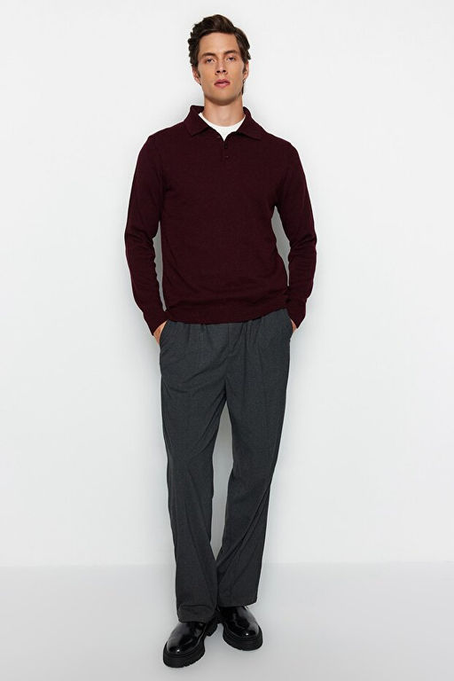 Bordo Slim Fit Y_nl_ Polo Yaka D__meli Smart Triko Kazak TMNAW23KZ00238 - Trendyolmilla фото 2