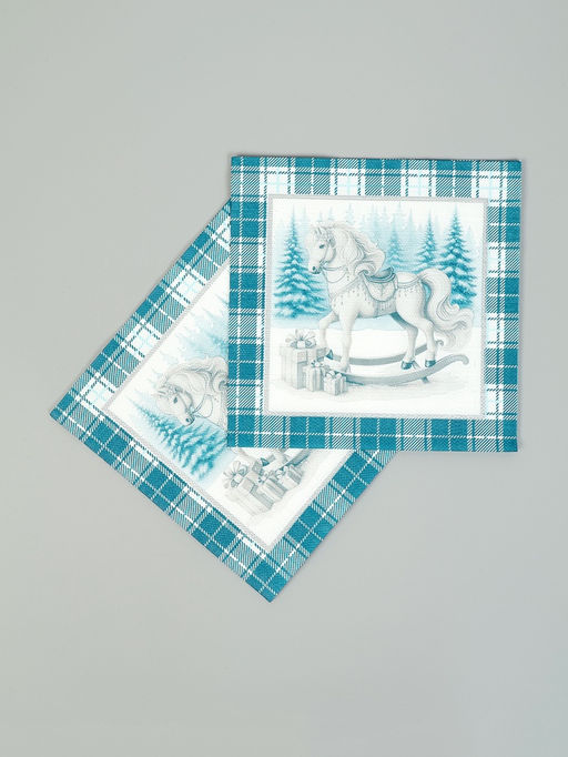 Цена за 3 шт. Салфетки бумажные трёхслойные Скатерть с лошадью на зеленом, 33?33, 20 шт.