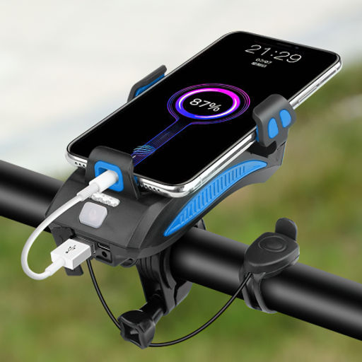 Фонарь передний COMIRON HOLDER ABS, IPX5; 3*T6 LED, 400lm; 4800mAh USB индикатор заряда POWER BANK сигнал 130Дб крепление смартфона синий /уп 20/80/ - Галеонтрейд фото 2