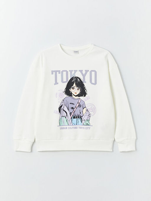 Bisiklet Yaka Bask?l? Uzun Kollu K?z ?ocuk Sweatshirt
