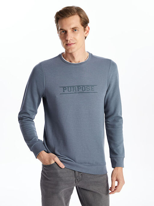 Bisiklet Yaka Uzun Kollu Bask?l? Erkek Sweatshirt