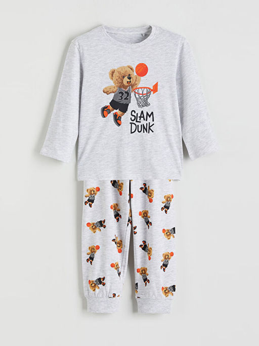 Bask?l? Erkek ?ocuk Penye Pijama Tak?m