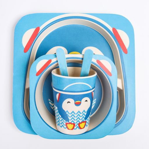 Набор детской бамбуковой посуды Пингвин, тарелка, миска, стакан, приборы, 5 предметов - Крошка я фото 9