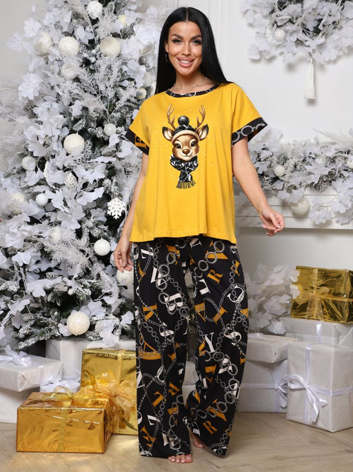 621 ПИЖАМА ЖЕНСКАЯ (брюки) (Горчичный/синие цепи) - А-дина фото 3