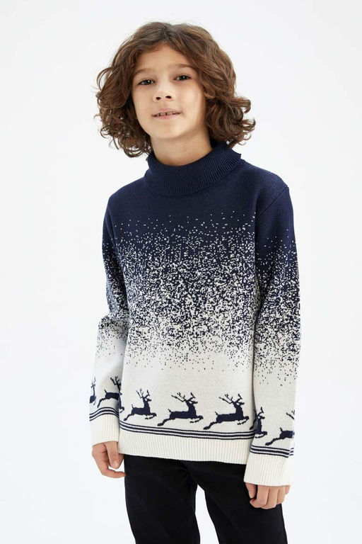 Свитер с воротником на рождественскую тематику для мальчика - Defacto фото 3