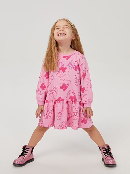 Bisiklet Yaka Uzun Kollu Minnie Mouse Bask?l? K?z Bebek Elbise