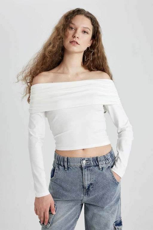 Приталенная футболка с открытыми плечами и длинными рукавами - Defacto фото 3