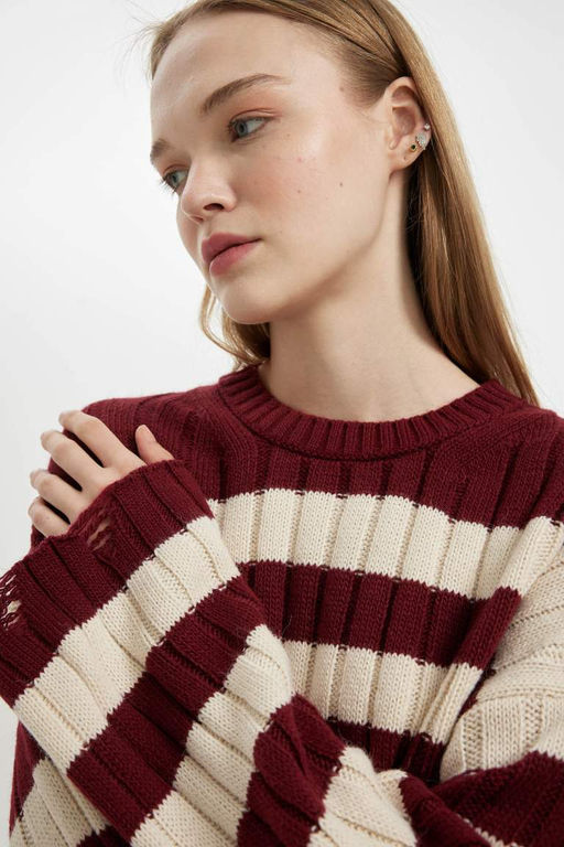 Женский укороченный трикотажный свитер стандартного кроя в полоску с круглым вырезом - Defacto фото 5