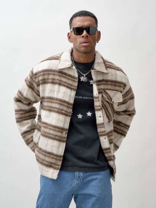 Куртка рубашка шерстяная в клетку мужская демисезонная коричневого цвета 58565K