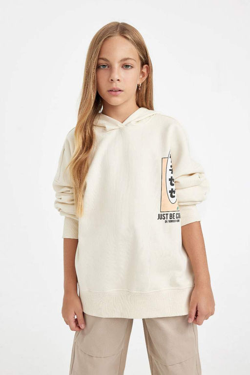 Толстовка с капюшоном и принтом цвета оверсайз для девочек с широкой посадкой на спине - Defacto фото 5