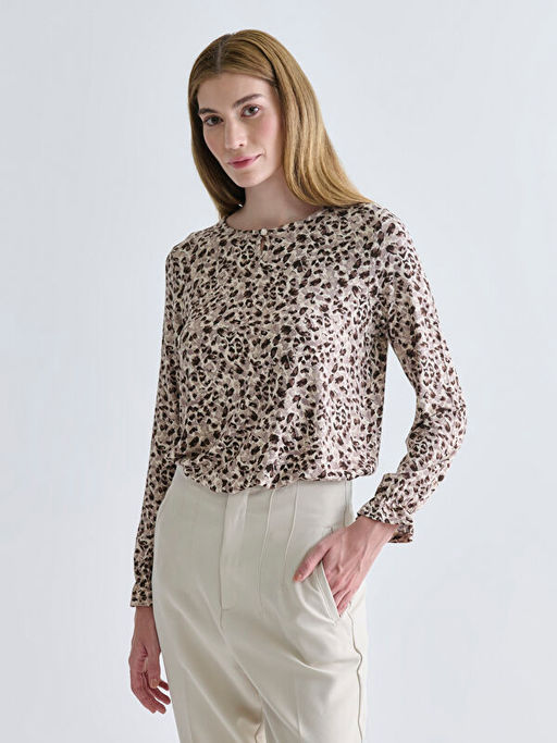 B?y?k Beden Bisiklet Yaka Desenli Bluz