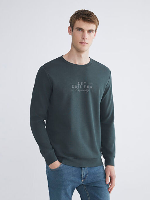 Bisiklet Yaka Bask?l? Erkek Sweatshirt