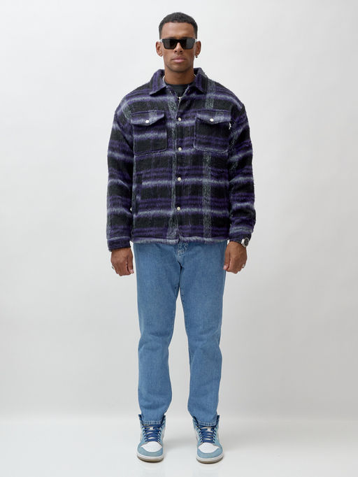Куртка рубашка шерстяная в клетку мужская демисезонная темно-фиолетового цвета 58569TF