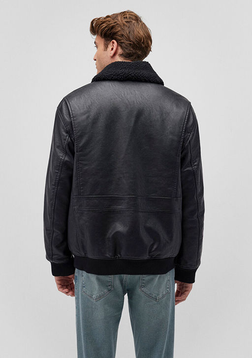 Suni Kurk Detayl? Siyah Suni Deri Ceket - Mavi фото 4