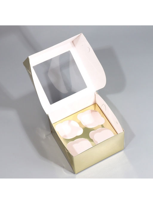Цена за 5 шт. Коробка для капкейков, кондитерская упаковка с окном, 4 ячейки «Шампань», 16 х 16 х 10 см