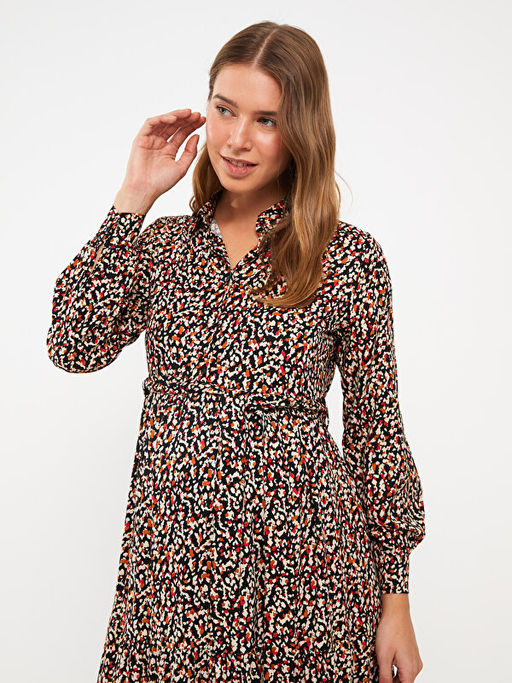 G?mlek Yaka Desenli Uzun Kollu Viskon Hamile Elbise