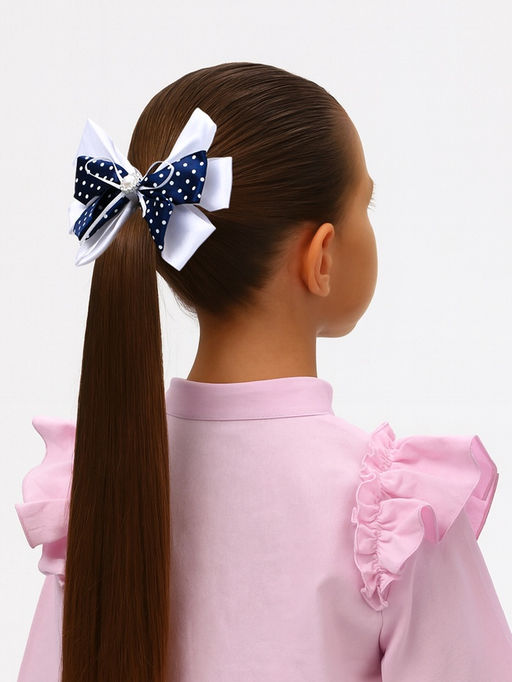 Цена за 6 шт. Бант для волос на резинке «Школьница», цветок и горошек, 13 см, бело-синий