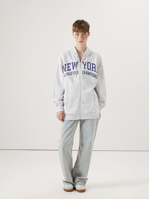 Kap??onlu Bask?l? Oversize Kad?n Kal?n Fermuarl? Sweatshirt