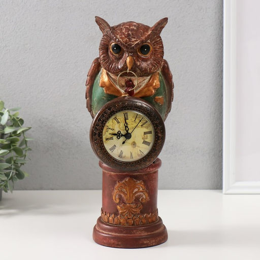 Фигурка-часы настольные полистоун «Филин в зелёном пиджаке на колонне», 15×12.5×32 см