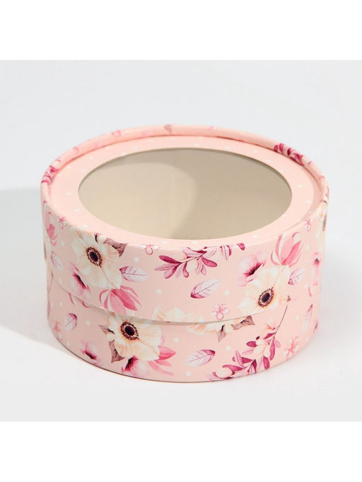 Коробка для макарун, кондитерская упаковка тубус с окном, «Розовые цветы» 12×12×5 см