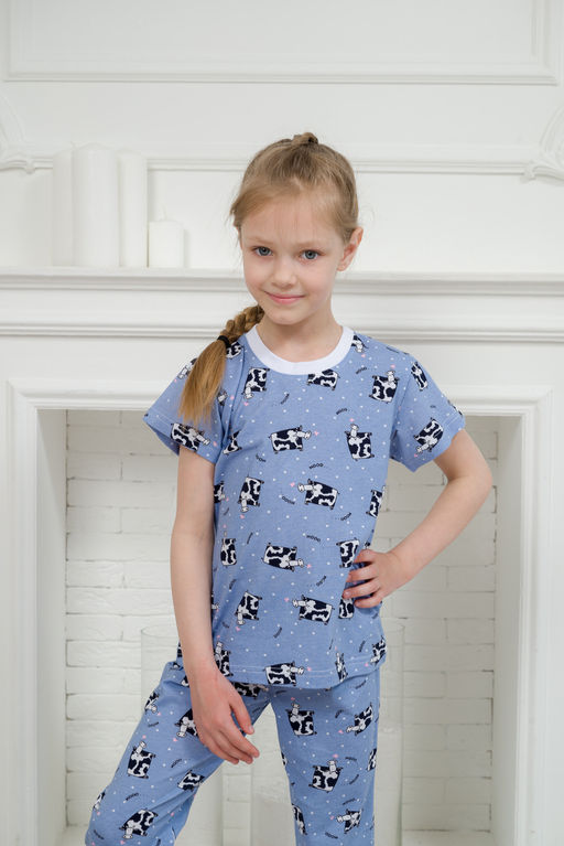 Пижама детская из футболки и брюк из кулирки Коровы голубой - Амадэль фото 7