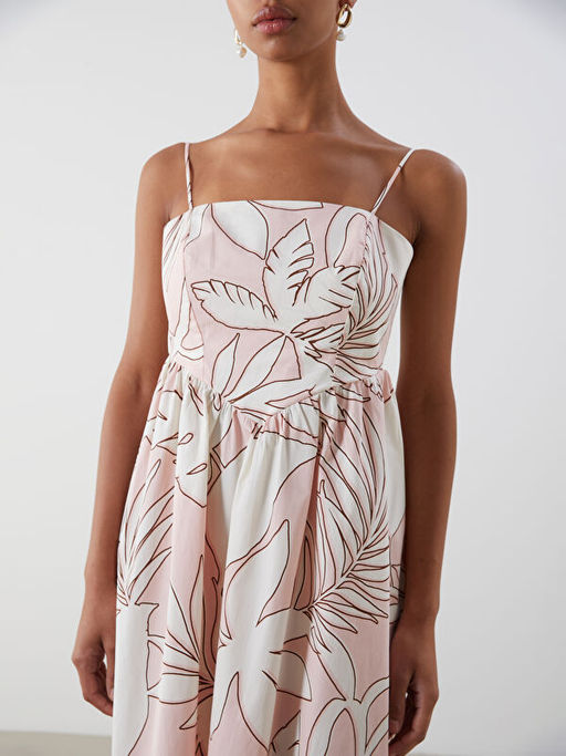 Kare Yaka ?i?ekli Poplin Elbise