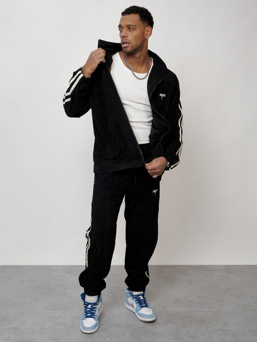 Спортивный костюм мужской модный из микровельвета черного цвета 15015Ch - Mtforce фото 15