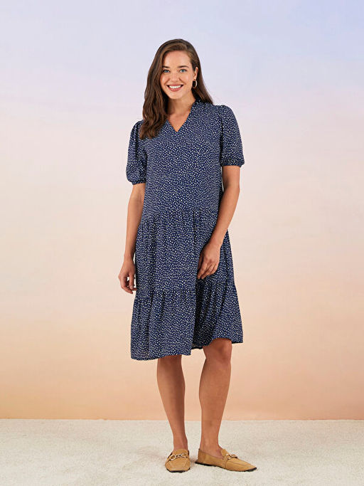 V Yaka Desenli K?sa Kollu Viskon Hamile Elbise