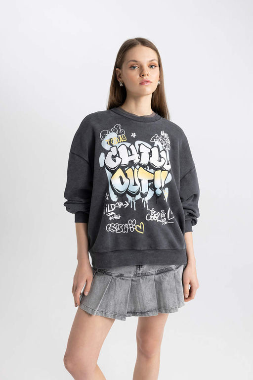 Моющийся свитшот с круглым вырезом и принтом Cool Oversize с эффектом выцветания - Defacto фото 7