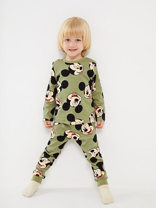 Bisiklet Yaka Uzun Kollu Mickey Mouse Bask?l? Erkek Bebek Pijama Tak?m
