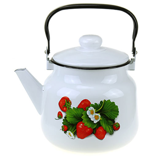 "Земляника" Чайник эмалированный 3,5л, металлическая крышка с пластмассовой ручкой-кнопкой, подвижная металлическая ручка, белый (Россия)