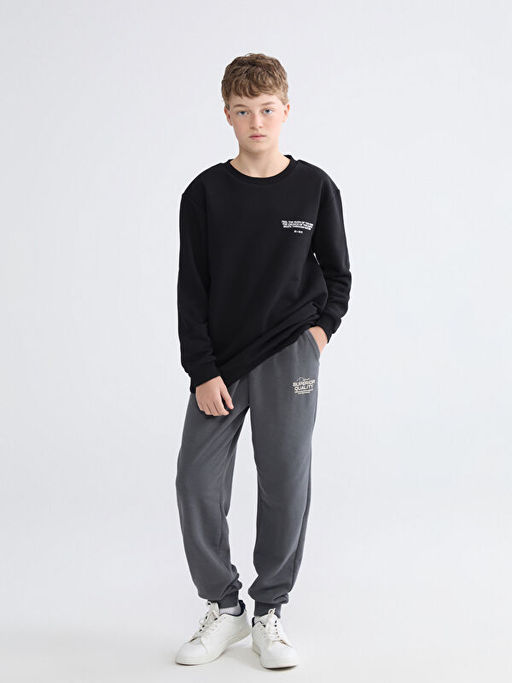 Bisiklet Yaka Bask?l? Erkek ?ocuk Kal?n Sweatshirt