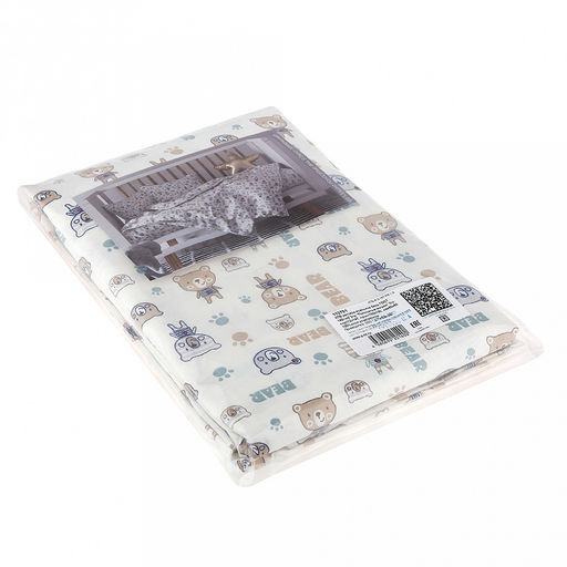 Постельное белье, ясельный комплект "Полосатые мишки" б/з, 3 предмета: пододеяльник 112х147см, простыня 100х150см, 1 наволочка 60х60см, с клапаном-запахом, бязь ГОСТ 142г/м2, хлопок 100%, упаковка "эконом" ПВХ 28х41см, "Домашняя мода" (Россия)