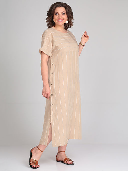Платье длинное бежевое в белую полоску для полных - Almond фото 3