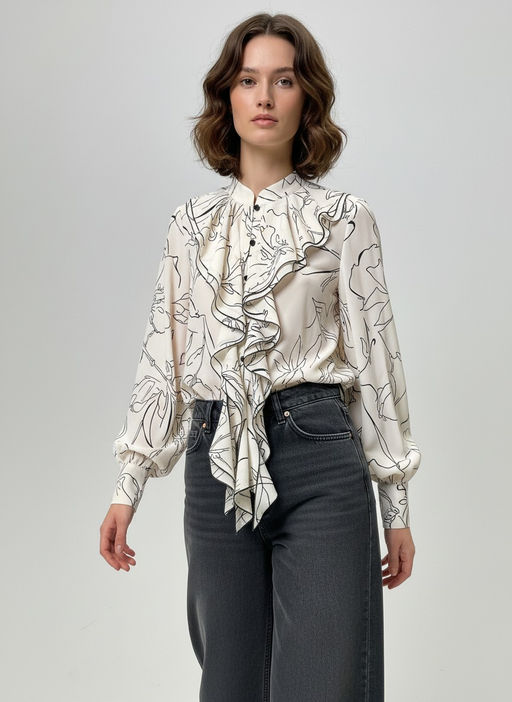 Блузка с отлетными рюшами OD-914-6 молочный с черным