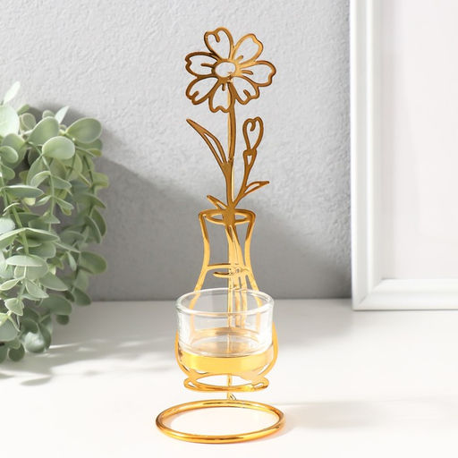 Подсвечник на 1 свечу металл, стекло «Цветок в вазе», золото, d=4.5 см, 7.4×7.5×21 см