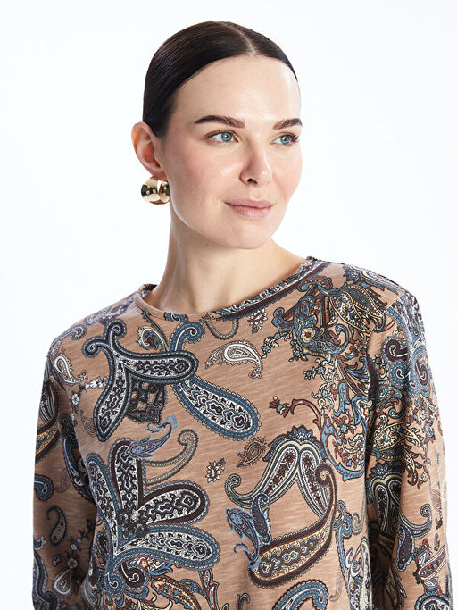 Bisiklet Yaka ?i?ekli Uzun Kollu Kad?n Bluz