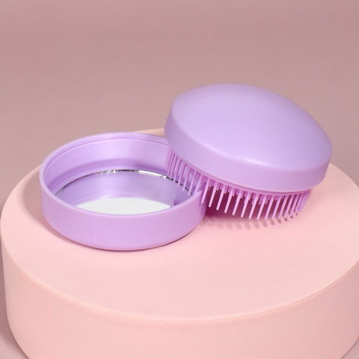 Расчёска массажная, круглая, складная, с зеркалом, d=7.5 см, в коробке, сиреневая