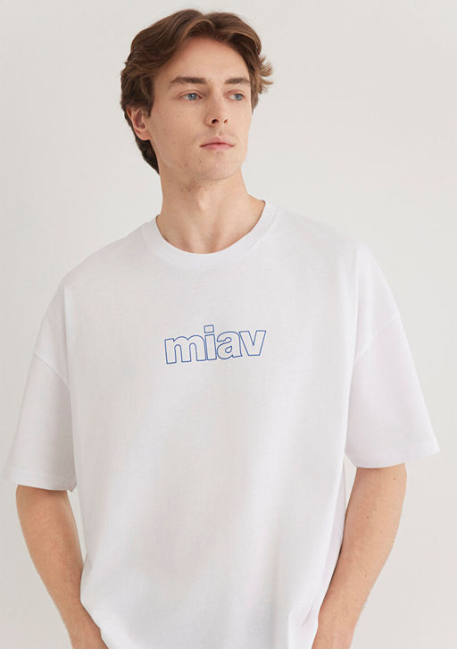 Miav Bask?l? Oversize Beyaz Ti??rt - Mavi фото 3