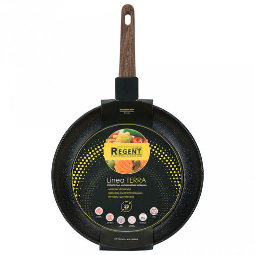 Сковорода с двухслойным антипригарным покрытием Terra д28см, h5,2см, s2,6мм, дно s3,1мм, индукционное дно д19см, кованный алюминий, бакелитовая ручка с покрытием soft-touch, имитирующим текстуру дерева, Regent (Китай) Подходит для всех видов пл - Домашняя мода фото 5