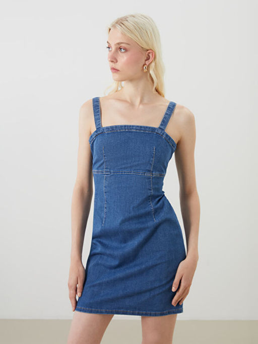 Kare Yaka Ask?l? Mini Jean Elbise