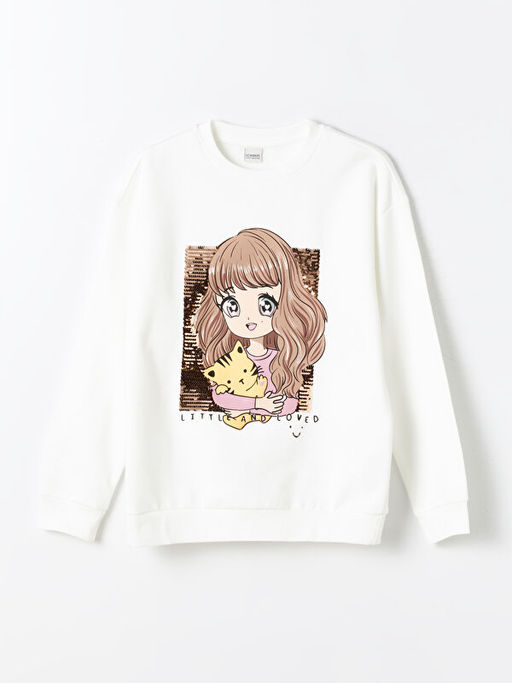 Bisiklet Yaka Bask?l? ?ift Y?nl? Payetli Uzun Kollu K?z ?ocuk Sweatshirt - Waikiki фото 2