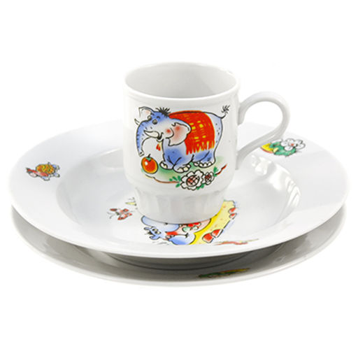 Набор посуды фарфоровый Зоопарк 3 предмета: кружка 210мл, тарелка мелкая д200мм, тарелка глубокая д200мм, форма Русское поле (Россия)